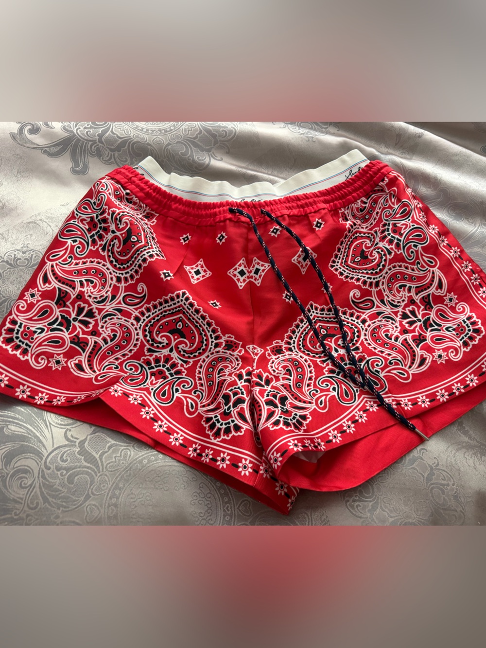 Sandro Red Paisley Athletic Drawstring Shorts